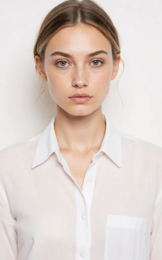 A French female model with a Beachy makeup style, wearing a shirt, against a white background, in a front   facing bust portrait